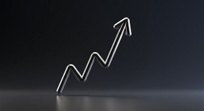 Dynamic silver arrow graph shows upward trend and financial growth in modern abstract setting