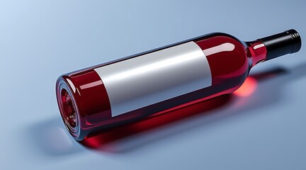Red wine bottle with blank label, isolated on blue background