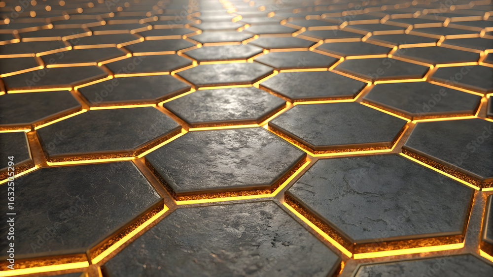 Poster golden yellow honeycomb hexagon pattern texture with seamless geometric shapes and 3d network cells