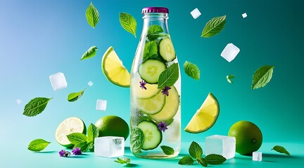 Refreshing infused water bottle with cucumber, mint, and lime slices