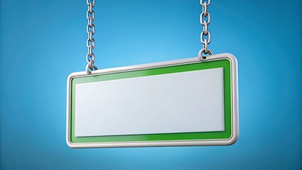 white and Green rectangular sign hanging from chains isolated on white and sky blue background