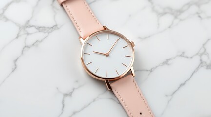 Elegant rose gold watch with a white dial and pink leather strap on a marble background