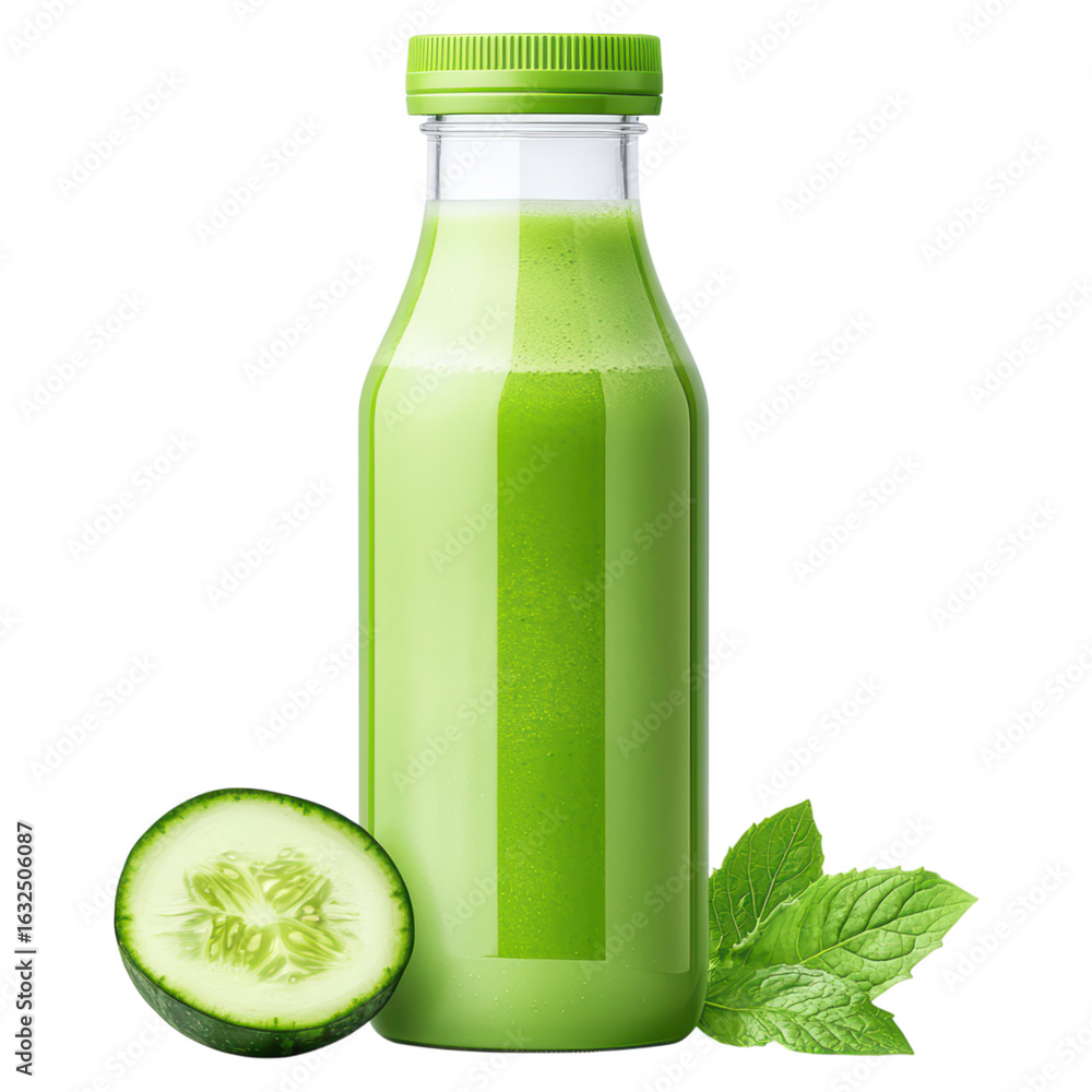 Poster refreshing green juice with cucumber and mint on white background, isolated on transparent backgroun