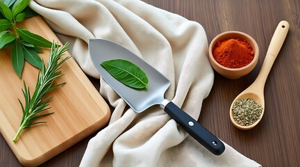 Fresh rosemary herb, spices in bowls and wooden utensils on a rustic kitchen table, ready for cooking