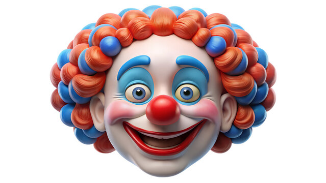 Photo of a cheerful clowns face with a red nose, blue and orange curly hair, and exaggerated makeup, isolated on a transparent background, symbolizing entertainment and performance
