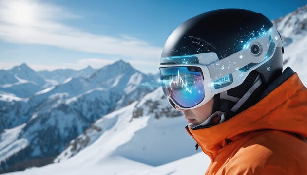 Snow skier mid-slide on mountain with orange jacket. Blue goggles on face. Breathtaking mountain landscape with snow-covered peaks, clear blue sky. Skier path blurred, suggesting speed.
