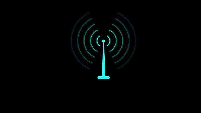 Digital cyan  color Radio station signal tower icon. Internet network net connection icon logo. network tower produced radio wave concept , data transfer from tower concept on black background. 
