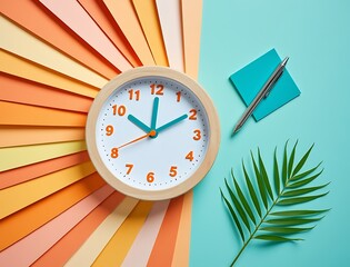 Round wooden clock showing the time, surrounded by colorful paper fanned out on a teal background with a plant