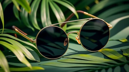 Stylish round gold-framed sunglasses with dark lenses resting on lush green tropical leaves