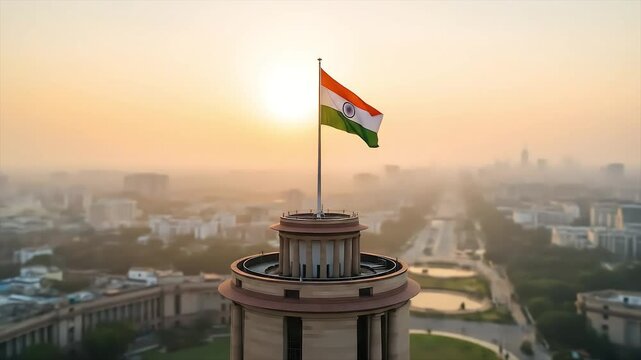 Aerial view of the national flag of India on a government building at sunrise, celebrating the spirit of Independence Day India.