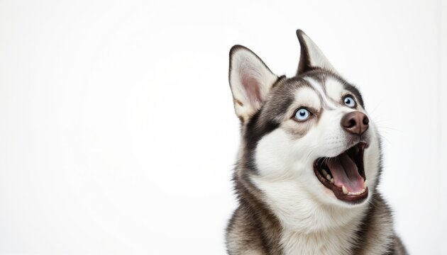 Husky dog with striking blue eyes. Dog gazing upwards, mouth open in pant. Gray and white fur with white paws. Curious expression. Blurred background. Dog breed portrait photo.