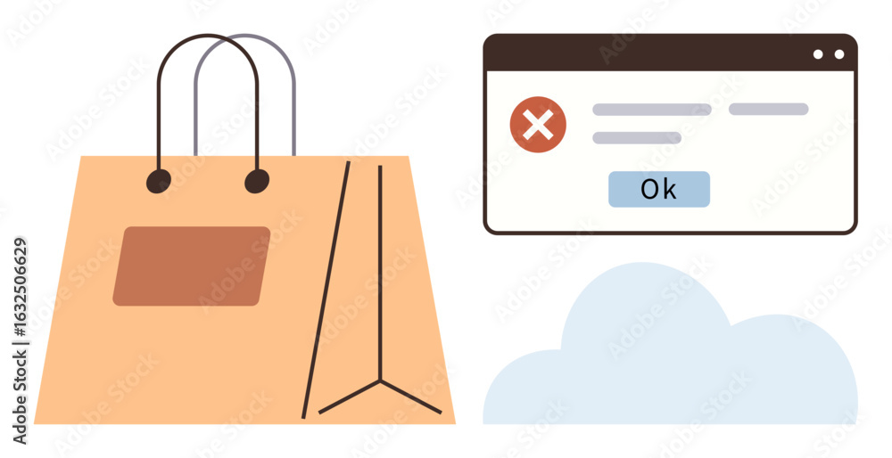Poster shopping bag with error pop-up alert window and cloud element illustrating e-commerce issues, techno