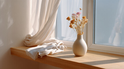 Vase with dried flowers sits on natural wooden window ledge, bathed in soft sunlight. sheer curtain adds gentle, airy feel to serene setting