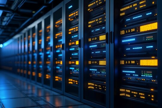 Rows of glowing server racks in a dark data center, representing technology and digital information flow