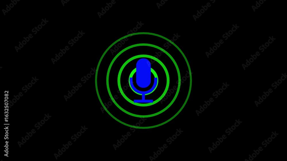 Poster green color radio wave and blue color voice recording podcast mic microphone button icon animation. 