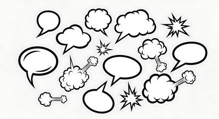 A collection of assorted black and white comic book speech bubbles, thought clouds, and explosion bursts.