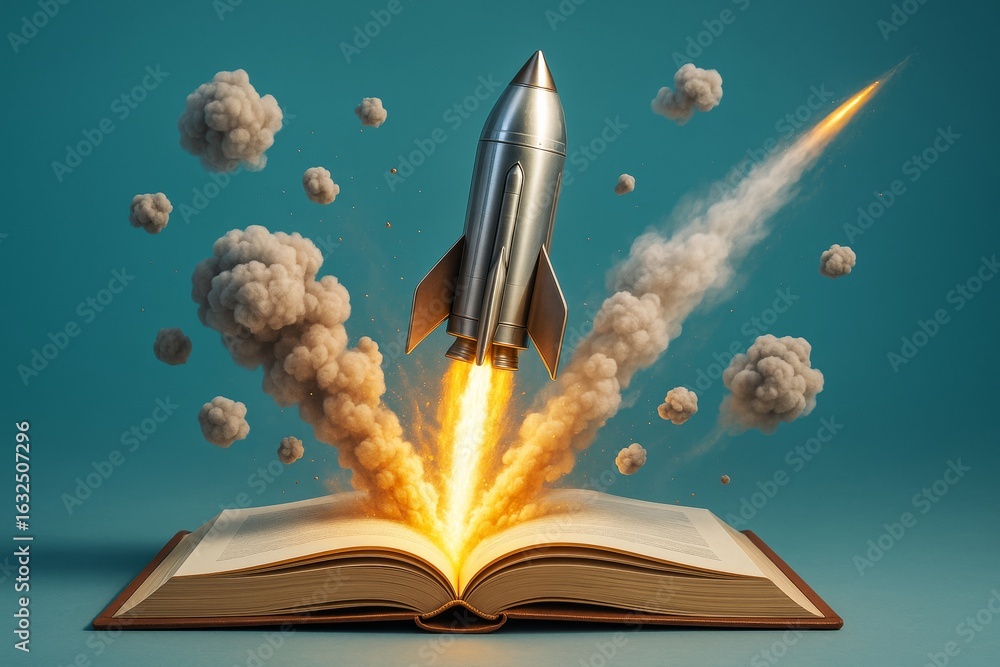 Poster rocket launching from open book with smoke and fire on blue background symbolizing knowledge and ima