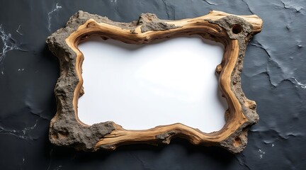 rustic wooden frame with rough bark texture surrounding a blank white space on a dark textured background