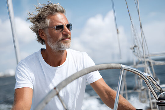A mature man, a sailor in a light T-shirt at the helm of a sailing ship.The sea and clouds are in the background