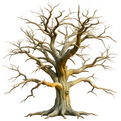 A solitary, bare, leafless tree with gnarled branches, isolated on transparent background