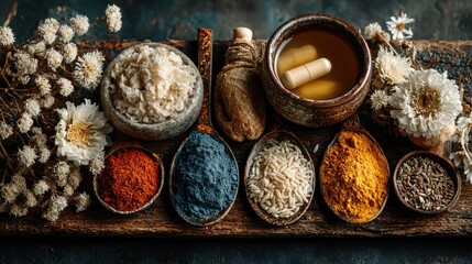 An artistic arrangement of colorful spices and herbs in bowls, showcasing the beauty of natural ingredients