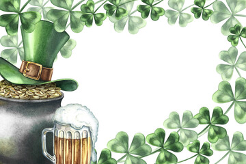 Frame with St. Patrick's Day image. Hand-drawn watercolor illustration. A pot with gold coins covered with a leprechaun's top hat, a beer mug, and a clover. For greeting cards, banners, and invitation