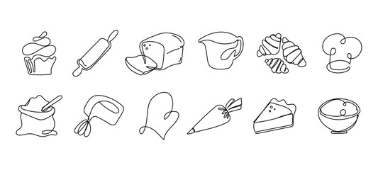 Baking and pastry icons set in one line art style featuring bread, croissants, cupcakes, kitchen utensils, oven mitt, piping bag, chef hat, and mixing tools. Vector illustration