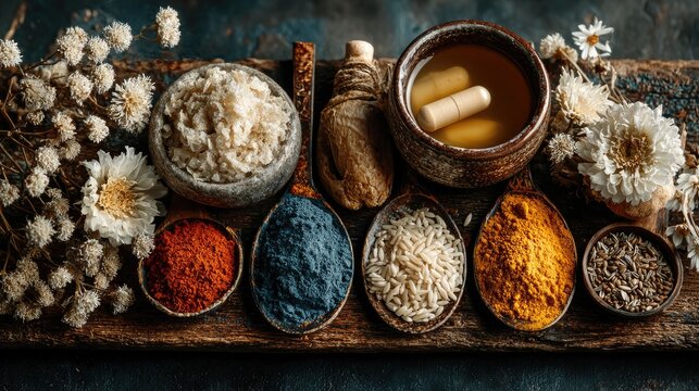 An artistic arrangement of colorful spices and herbs in bowls, showcasing the beauty of natural ingredients