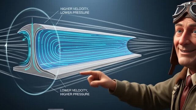 Animated Pilot Explains Bernoulli's Principle with Airfoil Diagram and Velocity/Pressure Relationship