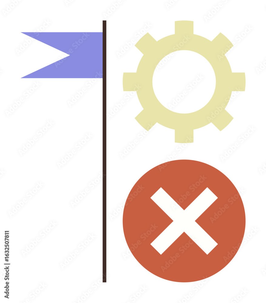 Poster blue flag, yellow gear, and red cross icons simplifying concepts of goals, operations, and errors. i