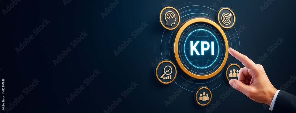 Poster business kpi dashboard interface with icons and hand pointing on dark background for strategy, perfo