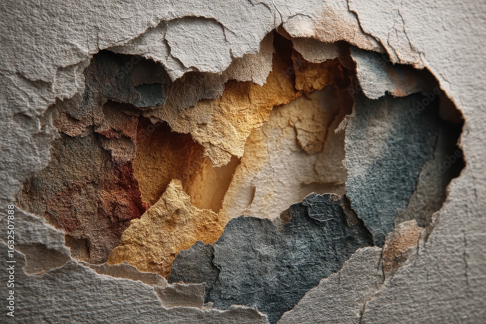 Poster paper with jagged edges torn, revealing the layer underneath in bright light