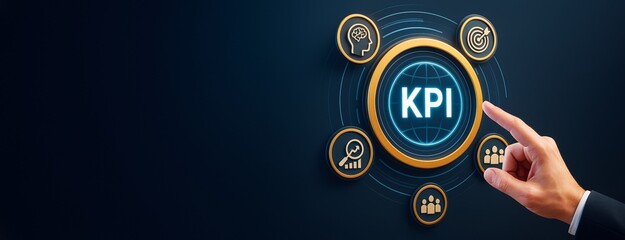 Business KPI dashboard interface with icons and hand pointing on dark background for strategy, performance, analytics, and management concept.