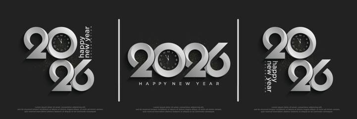 Elegant happy new year 2026 poster design. With a clean combination of silver and black. Premium vector background happy new year 2026. © palon