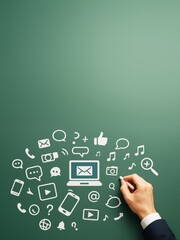 Business communication icons drawn on green background with hand holding chalk for presentation or advertising mockup template concept.