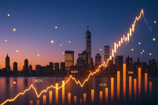 Abstract business chart with glowing orange financial graph over city skyline at sunset, representing economic growth and data analysis background.