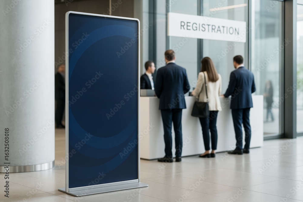 Poster blank vertical display mockup in modern office lobby near registration desk with people in backgroun