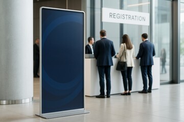 Blank vertical display mockup in modern office lobby near registration desk with people in background, ideal for business branding and design presentations. Ai generative