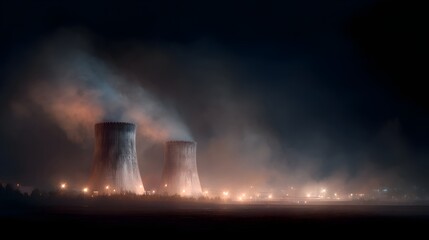 Illuminated nuclear power plant with towering cooling structures at night