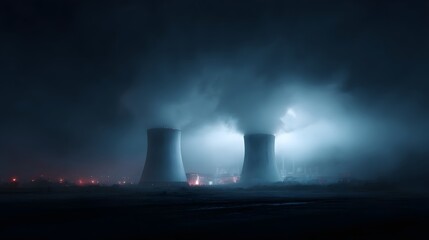 Mysterious nuclear power plant with towering cooling structures at night