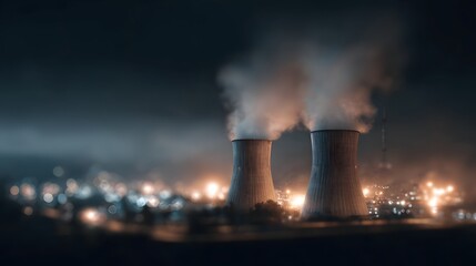Illuminated nuclear power plant with towering cooling structures at night