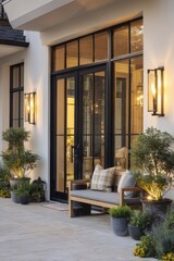 Fototapeta premium Inviting outdoor entrance with stylish seating, ambient lighting, and lush plants creating a serene atmosphere in a modern residential setting