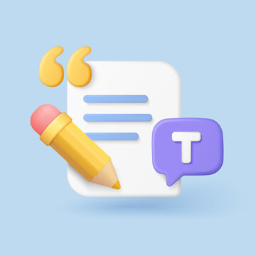 Creative 3d copywriting icon showing pencil, document, and text bubble for content creation, marketing, or writing services on isolated blue background vector illustration