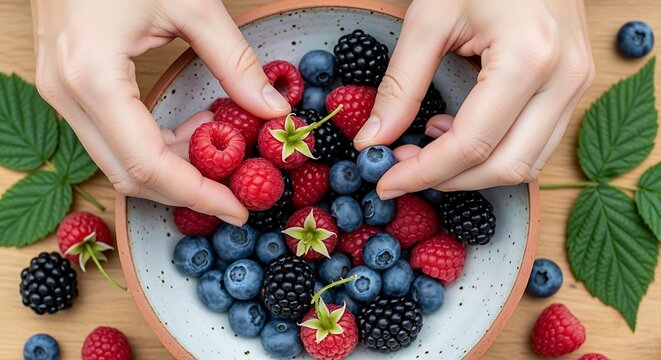 Hands arranging fresh raspberries, blueberries, and blackberries in a bowl on a wooden surface.