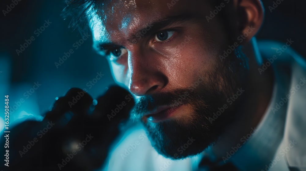 Poster intense scientist working in a high tech laboratory