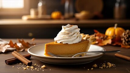 Warm Pumpkin Pie Slice with Whipped Cream and Cinnamon, Surrounded by Autumn Leaves and Spices, Ideal for Fall Holidays - Powered by Adobe