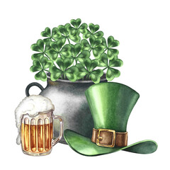 A cast-iron cauldron, a leprechaun's cylinder filled with clover, and a mug of beer. Watercolor illustration. Conceptual design for St. Patrick's Day. For greeting cards, banners and invitations.