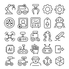 A collection of intricate, crisp, and clean icons representing futuristic technologies, including robotics, artificial intelligence, automation, and design.