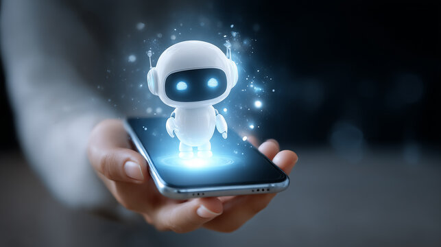 Hand holding smartphone projecting hologram of cute robot assistant. Ai gen.