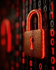 Encrypted data visualized with cyber padlock and binary wall representing digital security
